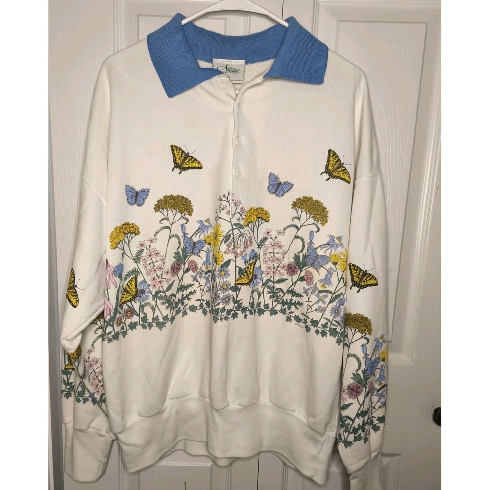 Vtg Rare Granny Sweater All Over Print Butterfly & Flower‎ Size 2XL Grannycore